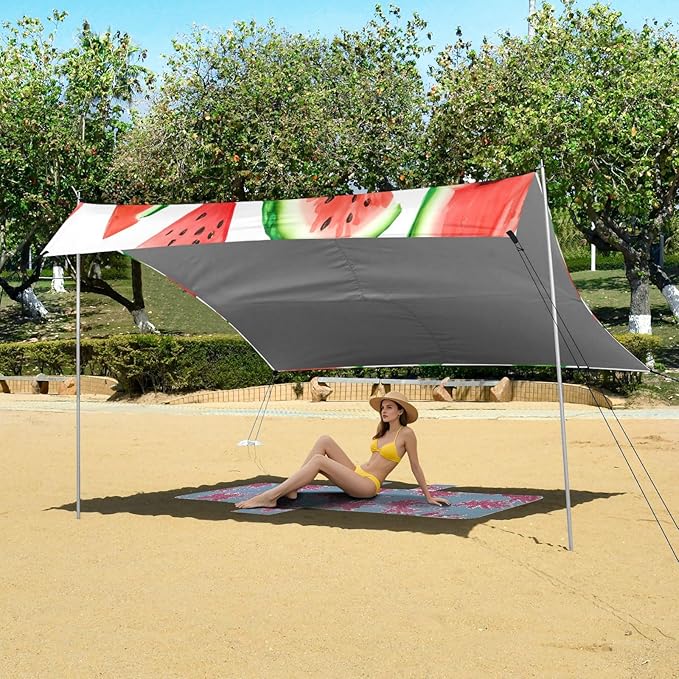 xigua Watermelon Beach Tent Sun Shelter with Carrying Bag - Silver Coated Oxford Fabric Beach Canopy for Beach Camping Fishing - Includes Windproof Ropes Sandbags &amp Stakes