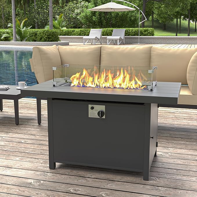 Kurapika Aluminum Propane Fire Pit Table 45 Inch 55000 BTU Auto-Ignition CSA Certification Outdoor Gas Fire Pits with Slide Out Tank Holder Outdoor Fire Tables Wider Desktop Windshield and Lid