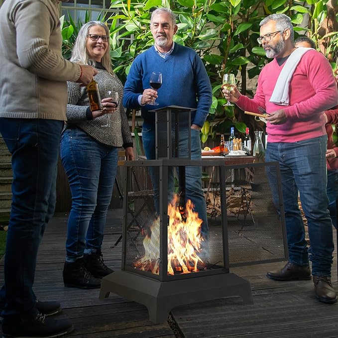 Walsport Chiminea Outdoor Fireplace 43 Inch Wood Burning Fire Pit with Grill Grate and Spark Screen Cover Outdoor Fire Pit for Patio Backyard Deck Porch and Camping Black