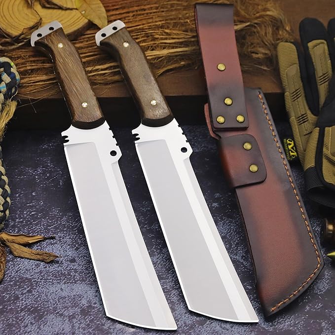 WPKOPYA Fixed Blade Outdoor Knife with Leather Sheath DC53 Steel Full Tang 6.6” Sharp Blade Wooden Handle 13.6” Tactical Survival Knife for Camping Hiking Bushcraft Cooking &amp Utility Use