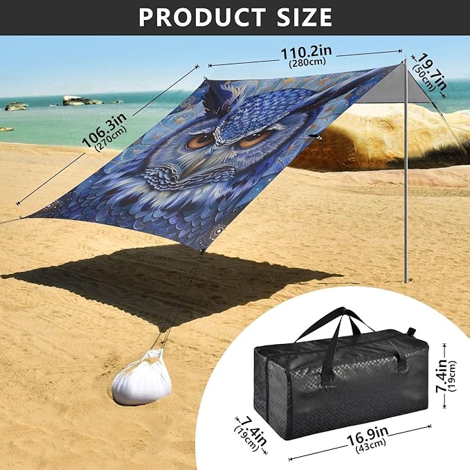 ALAZA Starry Owl Mandala Beach Tent Sun Shelter Portable Canopy Sunshade for Outdoor Camping Picnics Backyard Fun 10x9 ft