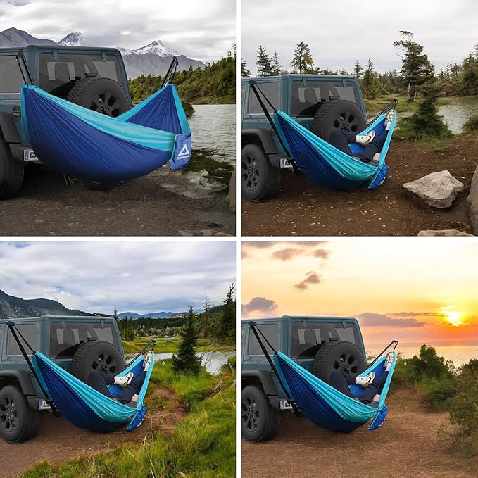 Hitch Mount Hammock Stand - Includes Parachute Nylon Hammock &amp Storage Bag - for 2'' Receiver Fits Class III &amp IV Heavy Duty Trucks for Camping Outdoor Travel (350lbs Weight Capacity)