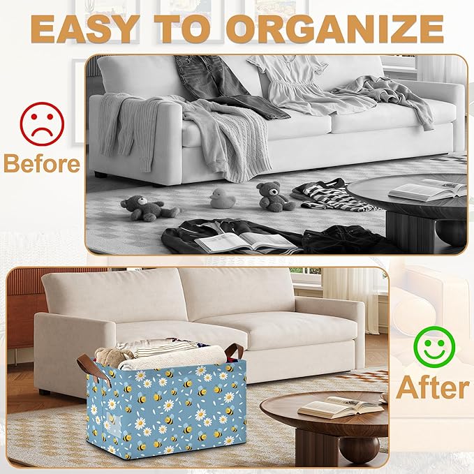 32L Large Storage Bins with Handles Basket Organizer for Shelves Closet Books Laundry &amp Home Decor (Bee Daisy)