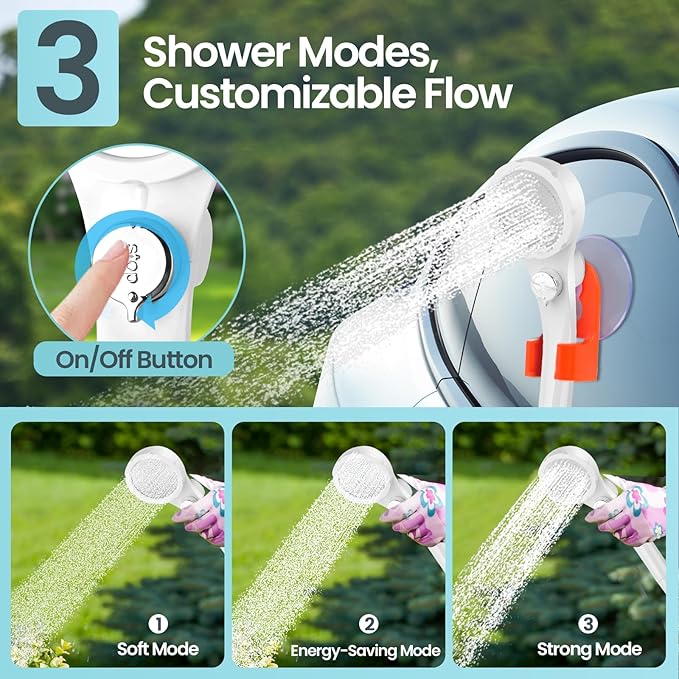 Portable Camping Shower with 7800mAh Battery - 3 Spray Modes IPX7 Waterproof &amp Powerful Suction for Indoor Camping Beach Travel RV Life Pet Bathing Gardening