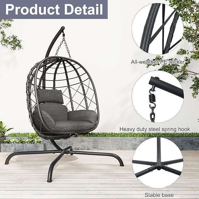 Hanging Egg Chair with Stand Patio Wicker Rattan Swing Chair Hammock Egg Chair for Indoor &amp Outdoor 400lbs Capacity with Thickened Cushion for Bedroom Balcony Garden