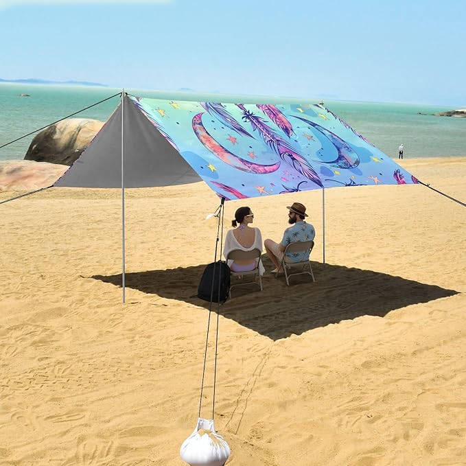 ALAZA Rainbow Dreamcatcher Moon Beach Tent Sun Shelter UPF50+ Protection Beach Shade Canopy w/ 4 Sandbags for Outdoor Camping Fishing Backyard Fun Picnic 10x9 ft