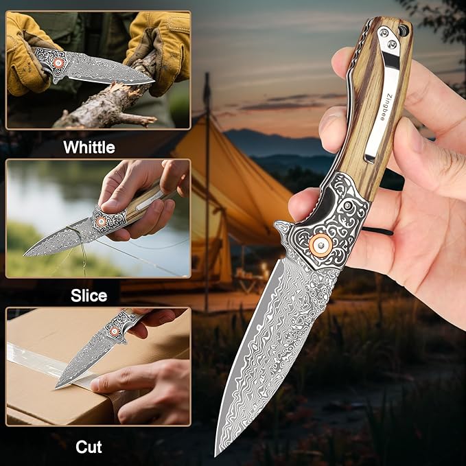 Damascus Pocket Knife For Men Folding Knife With Clip &amp 3.34 Damascus Steel Blade EDC Pocket Knife with Zebra Wood Handle for Camping Hunting Outdoor