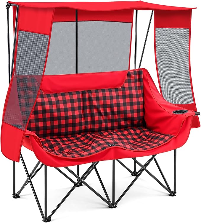 Teenyyou Double Camping Chair with Canopy Shade 660lbs Heavy Duty Beach Chair Portable Folding 2 Person Camping Loveseat with Cup Holder and Storage Bag for Lawn Beach Outdoor Sport(Red Plaid)