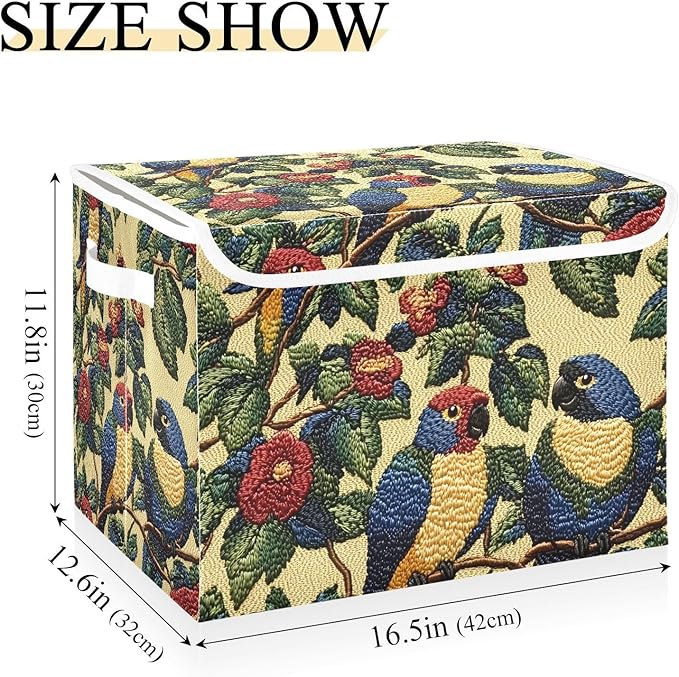 Storage Cube with Lid Fabric Parrots Print 16.5×12.6×11.8 IN 1 Pack Collapsible Large Capacity Foldable Storage Basket Bin Organizer