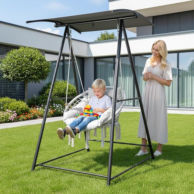 OnCloud Outdoor Hammock Chair Stand with Canopy Heavy Duty Hammock Stand Only Swing Stand with 3 Hooks Max Load 660lbs Fits Most Hanging Chairs Frame Black