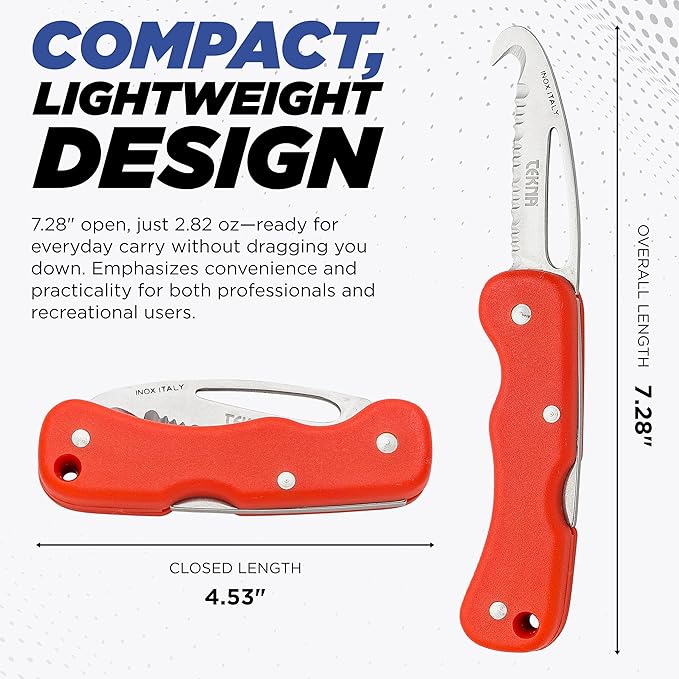 TEKNA Rescue Edge Knife – Serrated 420HC Stainless Steel Hook-Tip Folding Knife with Shackle Key &amp Oxygen Wrench | Bright Red Fiberglass Handle for Camping Boating Diving Climbing &amp Everyda