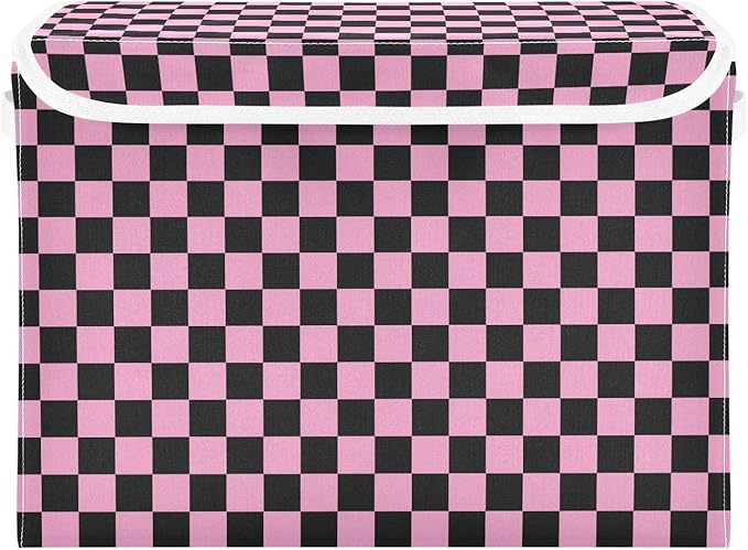 Pink Black Checkerboard Storage Baskets Lidded Bin Foldable Storage Boxes Cubes Lids with 2 Handles for Organizing Closet Home Office