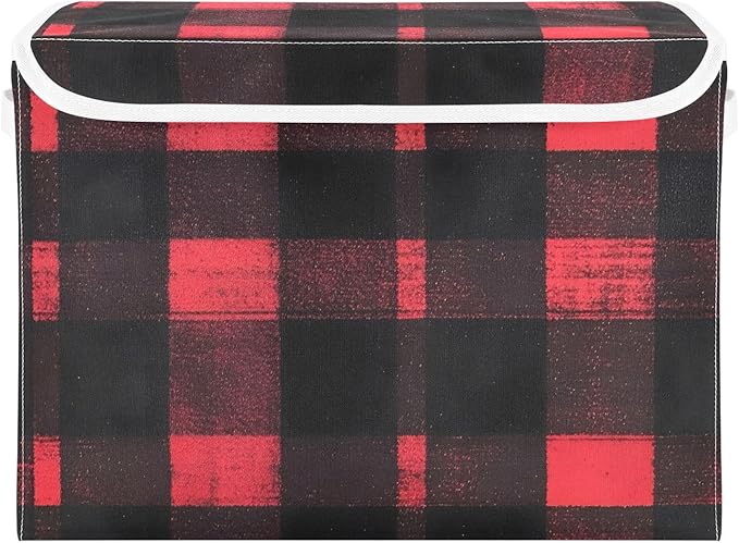 Storage Cube with Lid Black and Red Plaid Print 16.5×12.6×11.8 IN Collapsible Large Capacity Foldable Storage Basket Bin Organizer