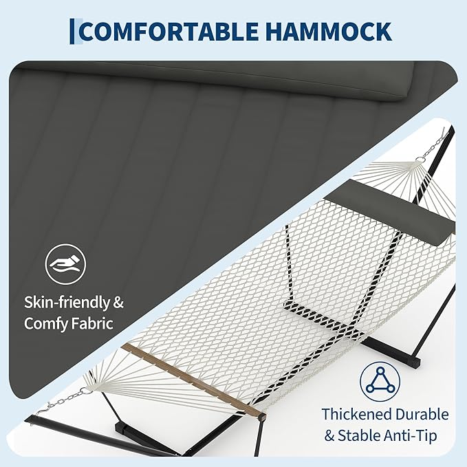 Double Hammock with Stand Curved-Bar Hammock 450LBS Capacity 2 Person Large Hammock Indoor and Outdoor Hammock Perfect for Backyard Patio Beach
