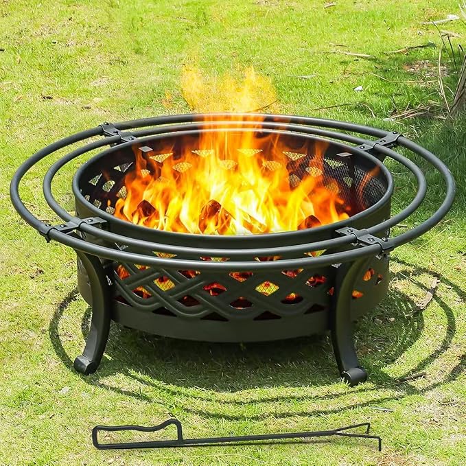Panovue 42 Inch Outdoor Fire Pit with 2 LoopsCrossweave Wood Burning Fire Pits for Outsidewith Spark ScreenFire PokerRound Metal Firepit for PatioBackyardBeachCampingBonfire(42''Black)