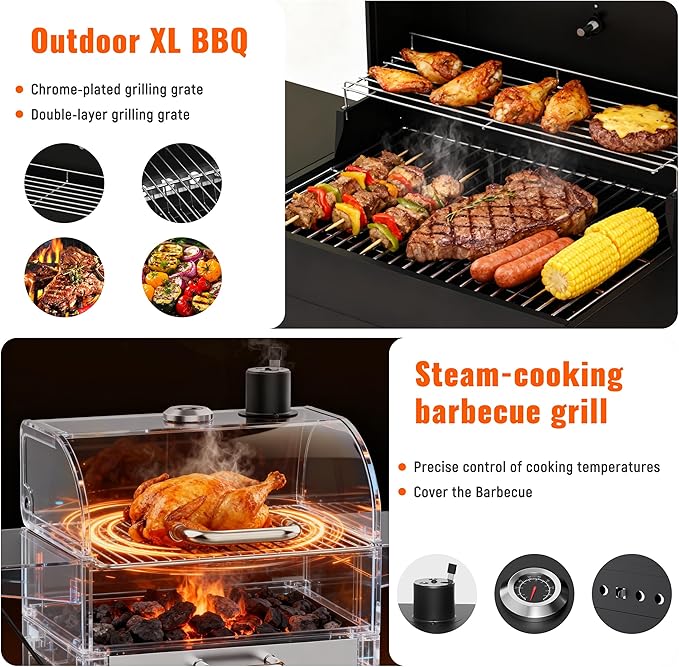 Charcoal Grills with Side Tables and Bottle Opener 20'' Smoker Barbecue BBQ Grill with 2 Wheels for Backyard Patio Camping and Parties Black