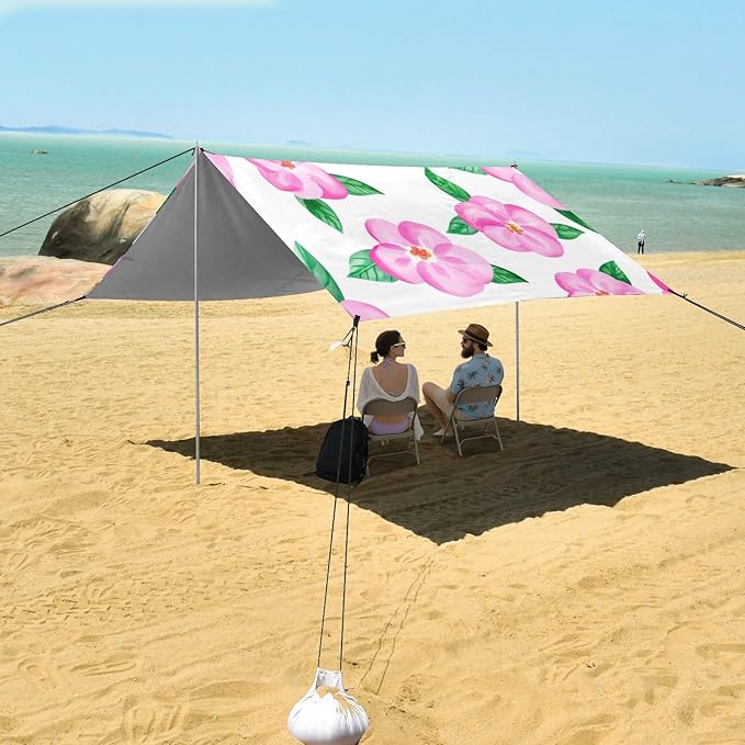 Beach Canopy with Windproof Ropes &amp Sandbags Beach Tent Sun Shade Sun Shelter for Camping Trips Fishing Backyard Fun or Picnics Flowers