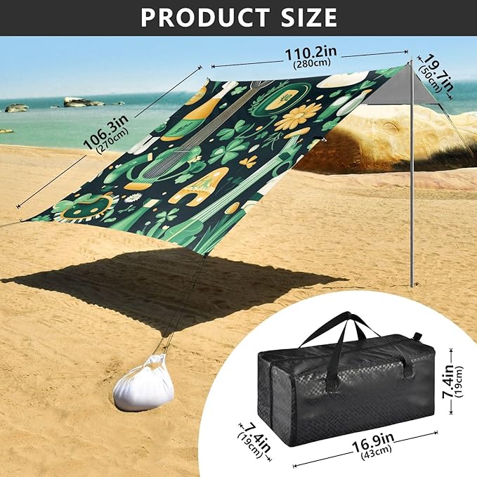 ALAZA St.Patrick's Day Clover Flower Elements Beach Tent Sun Shelter Portable Canopy Sunshade for Outdoor Camping Picnics Backyard Fun 10x9 ft