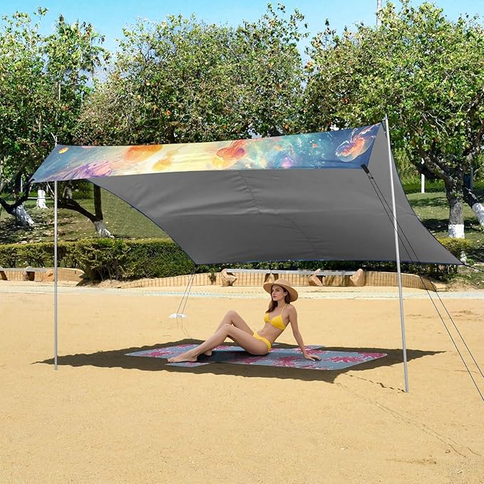 ALAZA Mermaid Jellyfish Beach Tent Sun Shelter UPF50+ Protection Beach Shade Canopy w/ 4 Sandbags for Outdoor Camping Fishing Backyard Fun Picnic 10x9 ft
