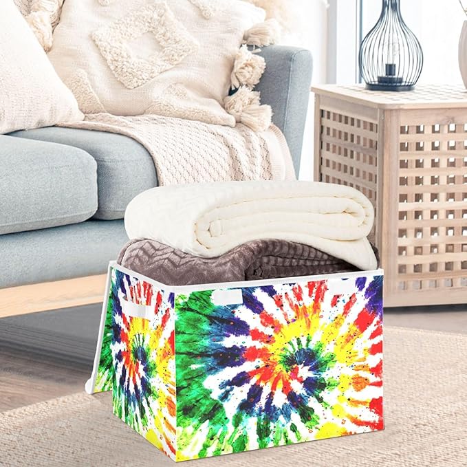 CaTaKu Large Fabric Storage Bins With LidsRainbow Tie Dye Storage Boxes With Handles for Organizing Clothes Collapsible Storage Cube Bins Baskets for Shelves