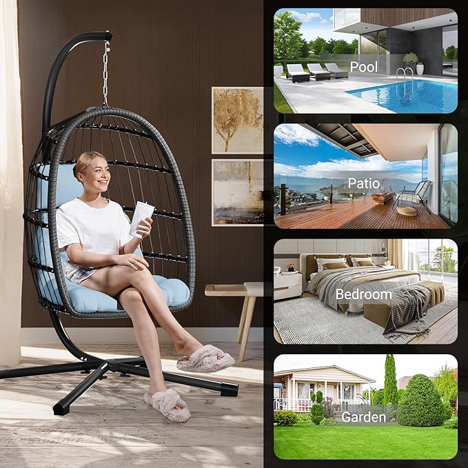 LEVELEVE Egg Chair with StandPatio Rattan Wicker Hanging Swing Egg Chair Hammock Chair for Bedroom Porch GardenThickened Aluminum Alloy Steel Frame and UV Resistant Cushion350LBS Capacity