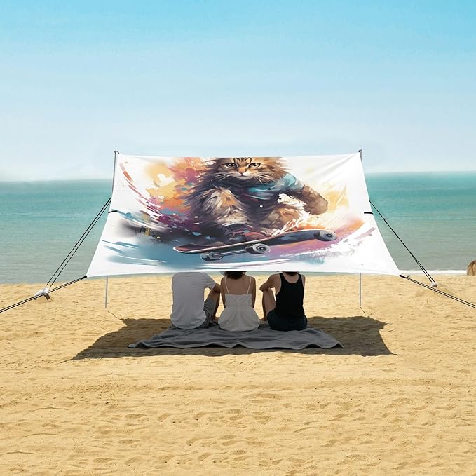 ALAZA Cat Skating Funny Beach Tent Sun Shelter UPF50+ Protection Beach Shade Canopy w/ 4 Sandbags for Outdoor Camping Fishing Backyard Fun Picnic 10x9 ft