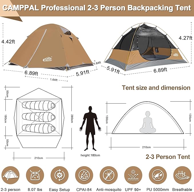 2-3 Person Backpacking Tent with Double Door 2 Vestibule Waterproof Windproof Lightweight Easy Set Up 3 Season 2 Man Two Person Tent for Camping Hiking Motorcycle Mountaineering with UPF 50+