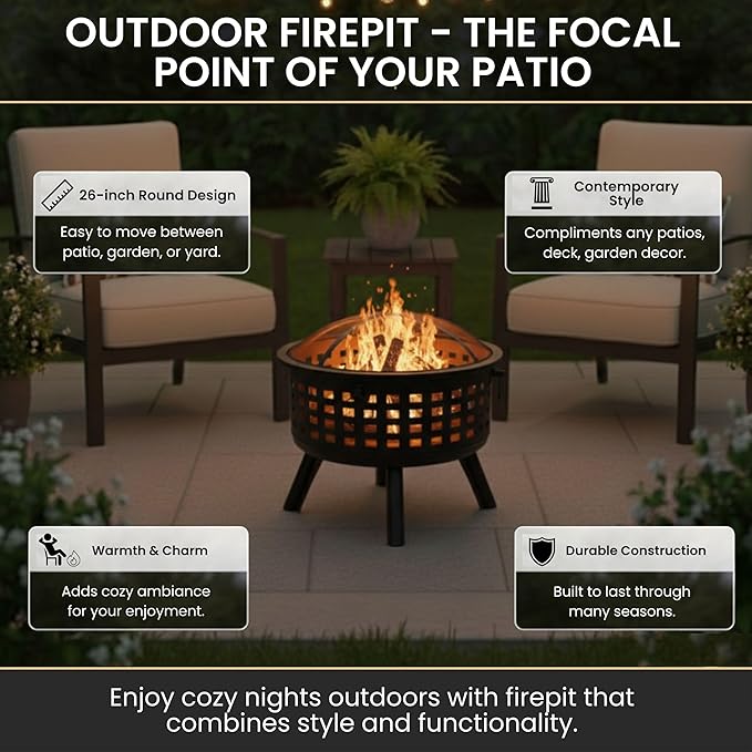 Outdoor Fire Pit - 26-Inch Round Lattice Wood Burning Firepit with Screen Poker Grate and Cover - Wood Fire Pits &amp Outdoor Fireplaces by Pure Garden