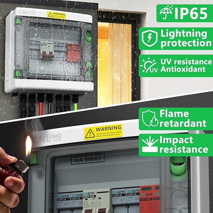 2 String Solar PV Combiner Box IP65 2 in 1 Out DC500V 32A Circuit Breaker with Surge Protector and 15A PV FuseSolar Disconnect Switch Outdoor Waterproof for Solar Panels System