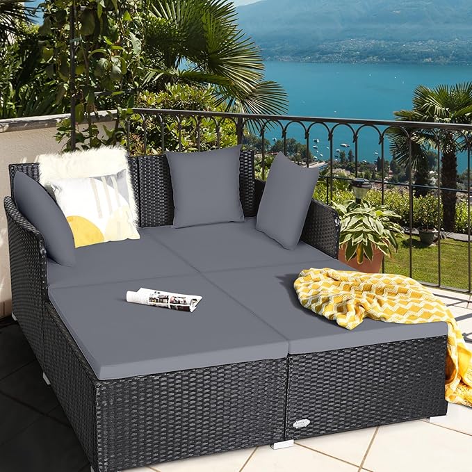 Tangkula Outdoor Rattan Daybed Wicker Furniture with Spacious Seat Upholstered Cushion &amp High-Resilience Sponge Patio Sofa Set with 4 Pillows 2-Person Sunbed for Poolside Backyard Garden &amp