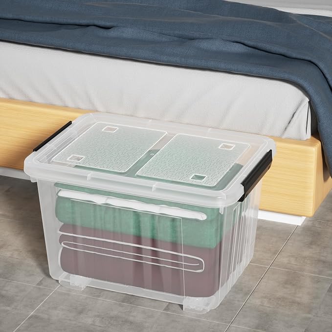 50 Quart Clear Storage Bin with Wheels 4-Pack Large Plastic Latching Storage Box