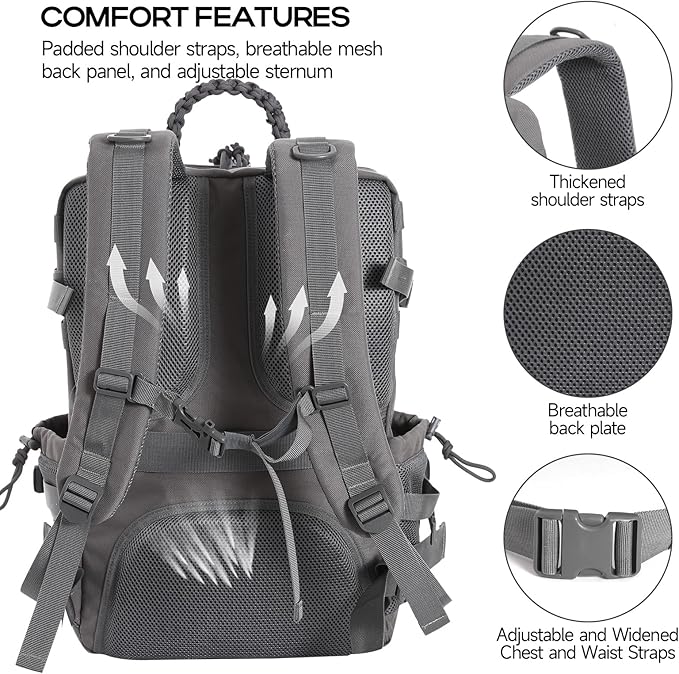 Tactical Military Backpack Large Capacity Molle System Multi-Compartment Design with Shoe Storage Black (grey)