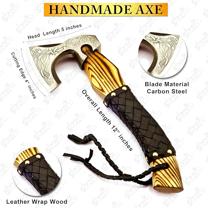 Custom Forged Carbon Steel Viking Style Bearded Axe - Real Hatchet Throwing &amp Camping Axe with Leather Wrap Best Gift for Anniversary Valentine's Day Birthday with Premium Leather Sheath