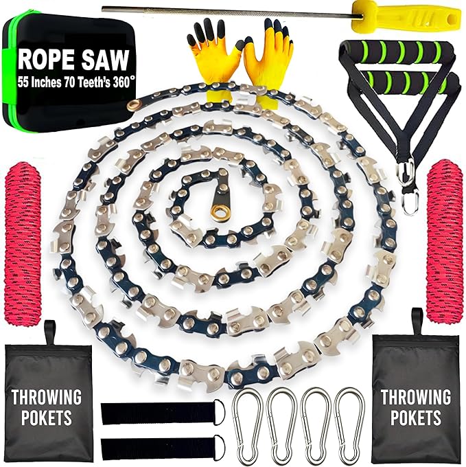 55 Inch High Limb Rope Saw with Dual Sided 70 Teeth 360° Chain – Manual Hand Saw for Tree Branch Cutting – Fast Portable &amp Durable Outdoor Tree Trimming Tool Kit