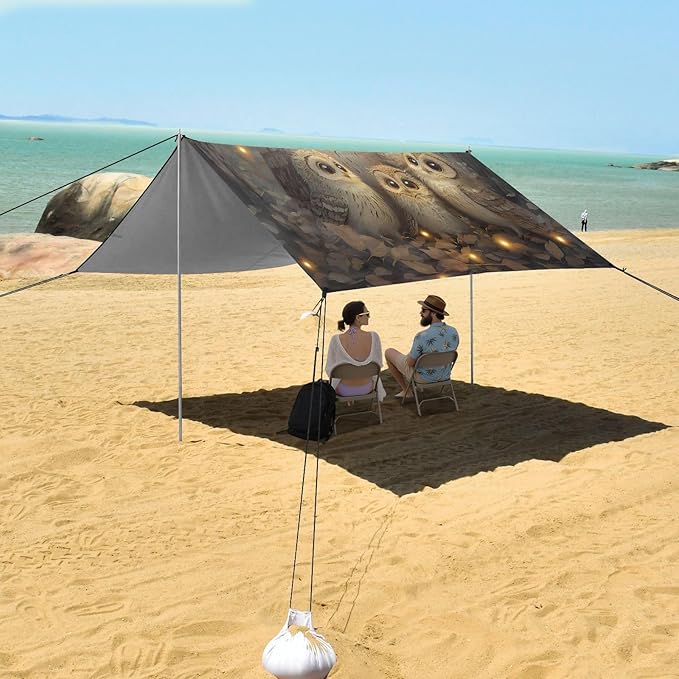 ALAZA Cute Owls Birds Beach Tent Sun Shelter UPF50+ Protection Beach Shade Canopy w/ 4 Sandbags for Outdoor Camping Fishing Backyard Fun Picnic 10x9 ft