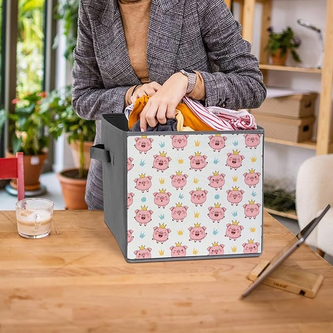 Fabric Storage Bins with Handles Crown Cute Pink Pig Foldable Collapsible Cube Organizer for Shelves Multi-Purpose Box for Bedroom Living Room Closet