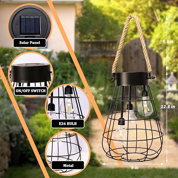 Solar Lantern 22.4 Outdoor Waterproof Solar Hanging Lights with Warm White LED Edison Bulb for Garden Patio Yard Large Lantern Black
