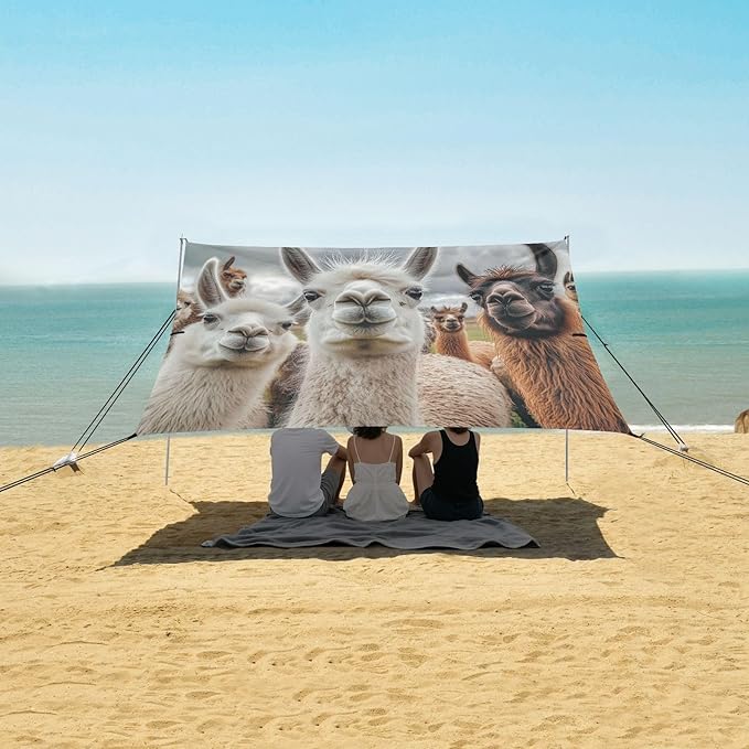 ALAZA Alpaca Llamas Staring Beach Tent Sun Shelter UPF50+ Protection Beach Shade Canopy w/ 4 Sandbags for Outdoor Camping Fishing Backyard Fun Picnic 10x9 ft