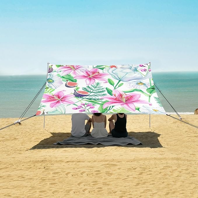 Beach Canopy with Windproof Ropes &amp Sandbags Beach Tent Sun Shade Sun Shelter for Camping Trips Fishing Backyard Fun or Picnics Watercolor Flower