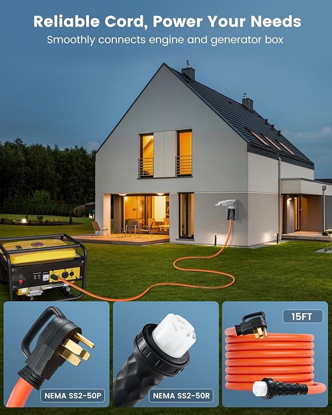 SURAIELEC 50 Amp 15FT Generator Cord and Power Inlet Box Generator Box with 3-Prong Generator Cord NEMA SS2-50P to SS2-50R Generator Cord Combo Kit ETL Listed Outlet Ready for Emergency Use