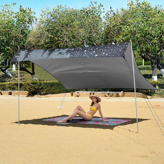ALAZA Wolf Starry Sky Moon Beach Tent Sun Shelter UPF50+ Protection Beach Shade Canopy w/ 4 Sandbags for Outdoor Camping Fishing Backyard Fun Picnic 10x9 ft