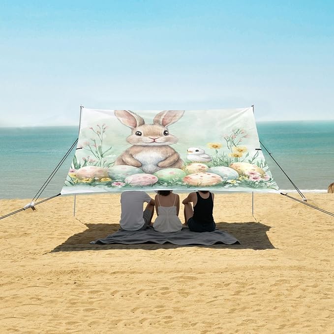 ALAZA Happy Easter Easter Rabbit Eggs Spring Flowers Chick Beach Tent Sun Shelter Portable Canopy Sunshade for Outdoor Camping Picnics Backyard Fun 10x9 ft