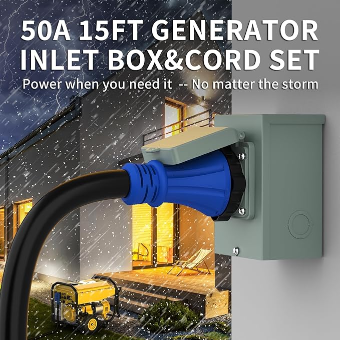 BEBOBLY 50 Amp Power Inlet Box and 15FT Generator Cord 125V/250V Emergency Power Combo Kit NEMA 3R Generator Plug NEMA14-50P/SS2-50R RV Power Extension Cord Twist Lock Grip Handle