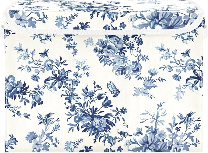 Texture Blue Flowers Large Storage Bins with Linen Foldable Storage Cubes Fabric Closet Organizer Containers box with Flip-Top Lid for Home Office Closet 16.5” x 12.6” x 11.8”
