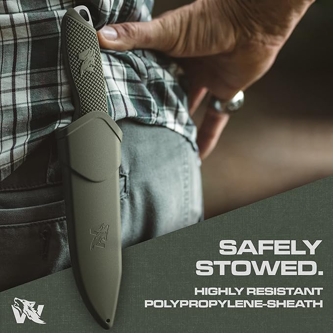 ODENWOLF WOLF-I Full Tang Survival Knife with Sheath - Stylish Tactical Fixed Blade - Made of D2 Steel - Bushcraft and Camping Knife Survival - Perfect EDC Outdoor Knife with TPE Handle