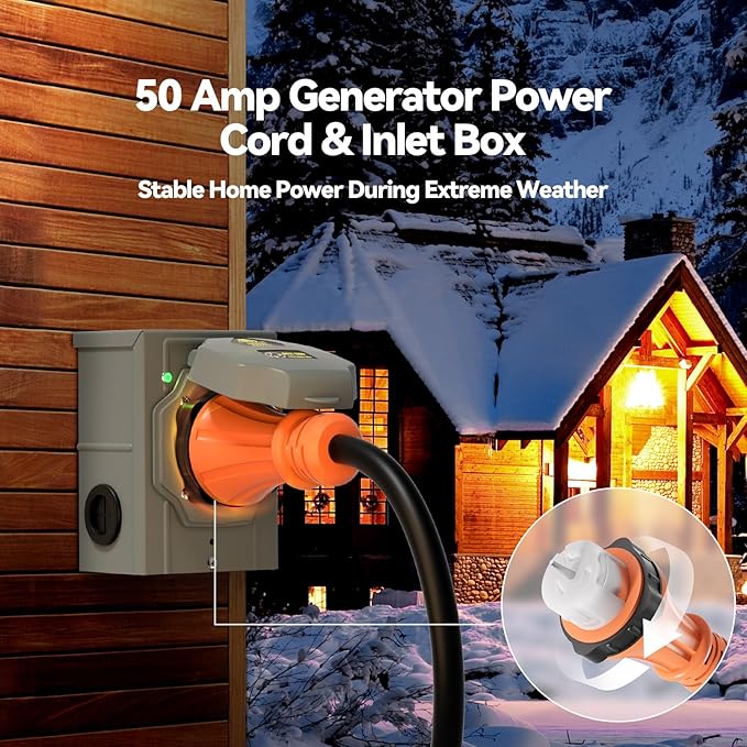 A A IN 50 Amp Generator Cord 15FT and Power Inlet Box Pre-Drilled 50 Amp Generator Inlet Box with Cord NEMA 14-50P to SS2-50R Waterproof Cable Combo Kit 125/250V ETL Listed