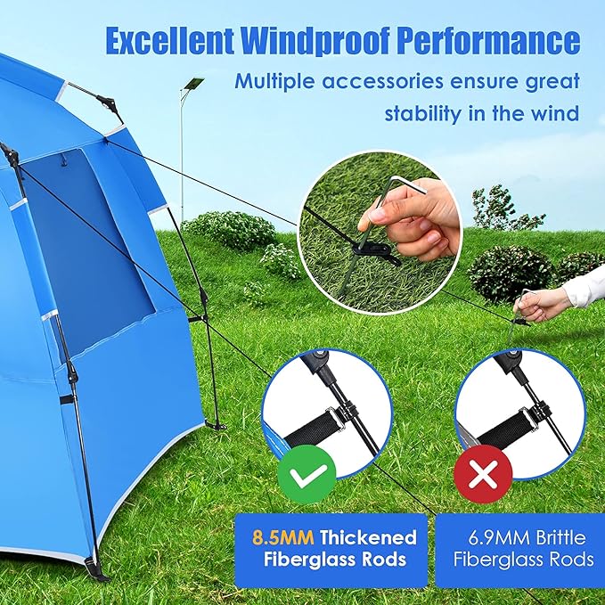 Tangkula 3-4 Person Easy Pop Up Beach Tent UPF 50+ Portable Sun Shelter w/ 3 Ventilation Windows Zippered Front Porch 4 Storage Pockets &amp Carrying Bag Instant Beach Sun Shade with 8.5mm Rod