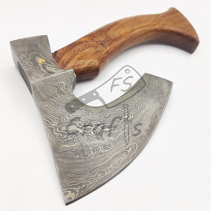 AXE002 FS Crafts 9.00 Damascus Fist Axe (Palm-Sized) Custom And Hand Forged Damascus Hunting Viking Axe Beard Axe Hatchet Wood Handle With Leather Sheath Everyday Carry Hunting Viking Axe 47 Axe