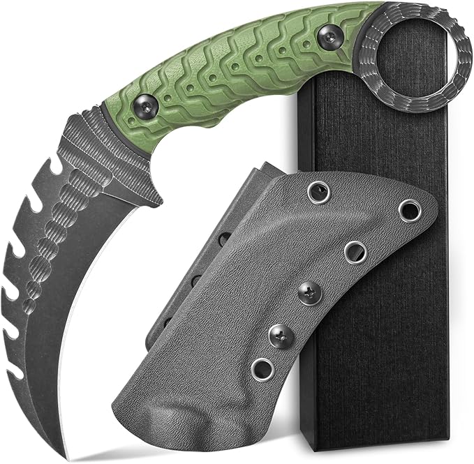 Ccanku C1110 Fixed Blade Knife D2 Steel Blade G10 Handle Outdoor Camping Claw Knives EDC Tool Knives with Kydex Sheaths (Army Green)