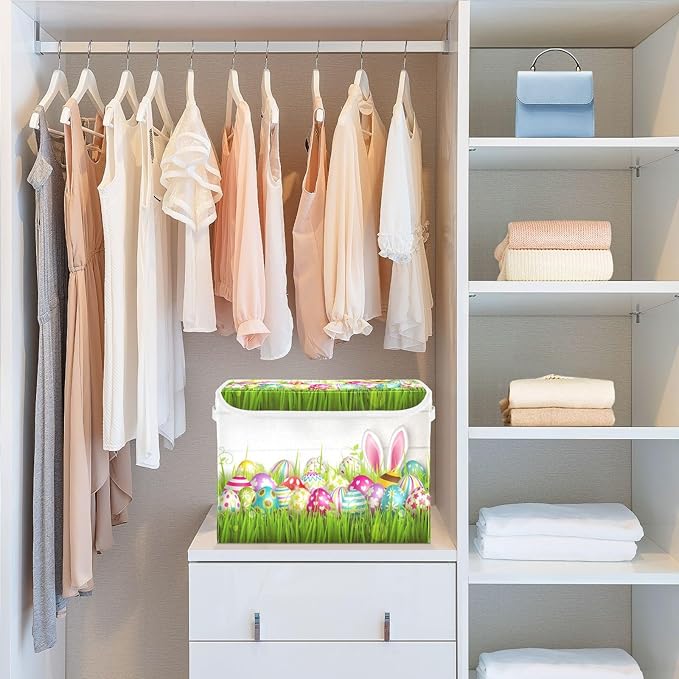 Storage Bins with Lids and HandlesEaster Eggs Grass Storage Box Storage Basket with Cover Collapsible Organizer Containers for Home Closet Shelves
